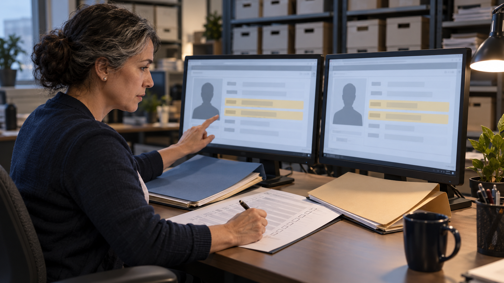 An analyst reviews highlighted identity and payment records across two monitors while taking notes at a desk.