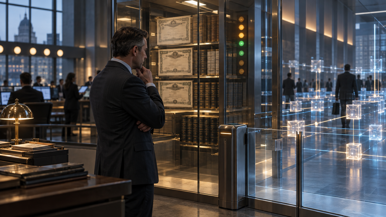 A financial professional compares framed paper stock certificates with glowing blockchain blocks in a modern institutional corridor.