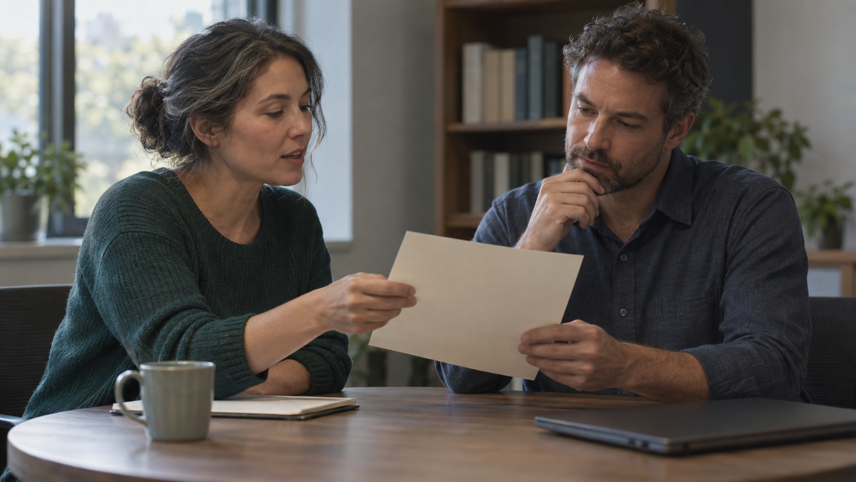 A research coordinator and an adult participant review a short results packet together at a table.