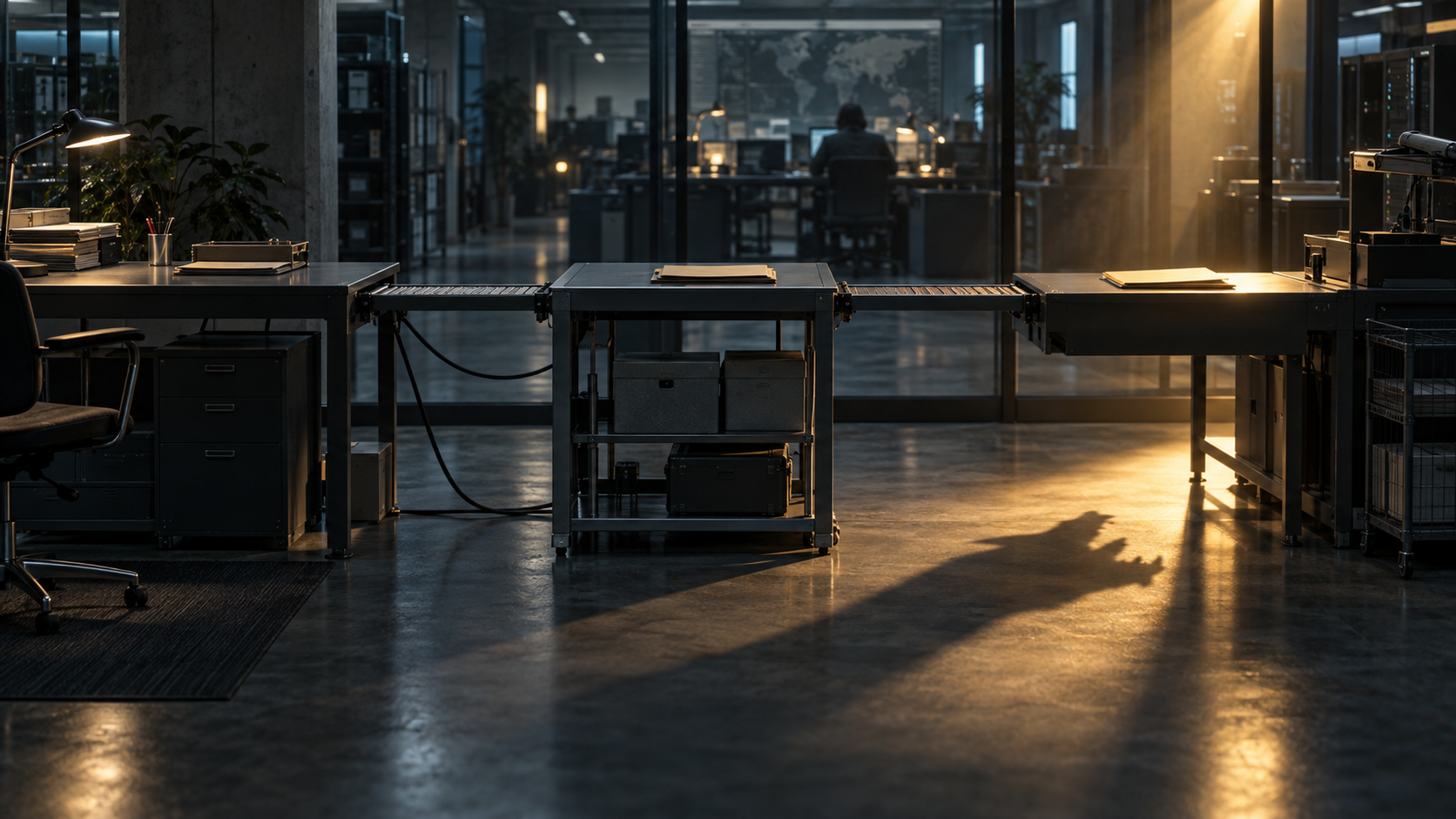 A paper folder passes between connected workstations as a dark shadow crosses one hand-off.