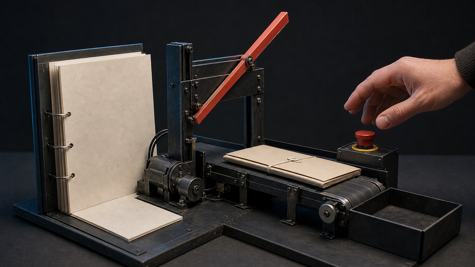 A document packet passes beneath a raised approval barrier beside an open policy binder.