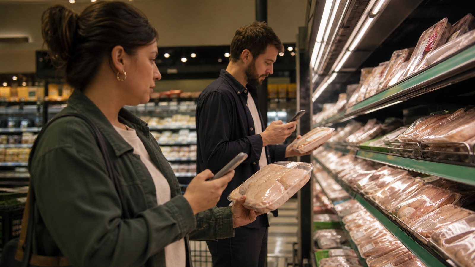 Two shoppers in the same grocery aisle looking at the same packaged item, phones turned away.