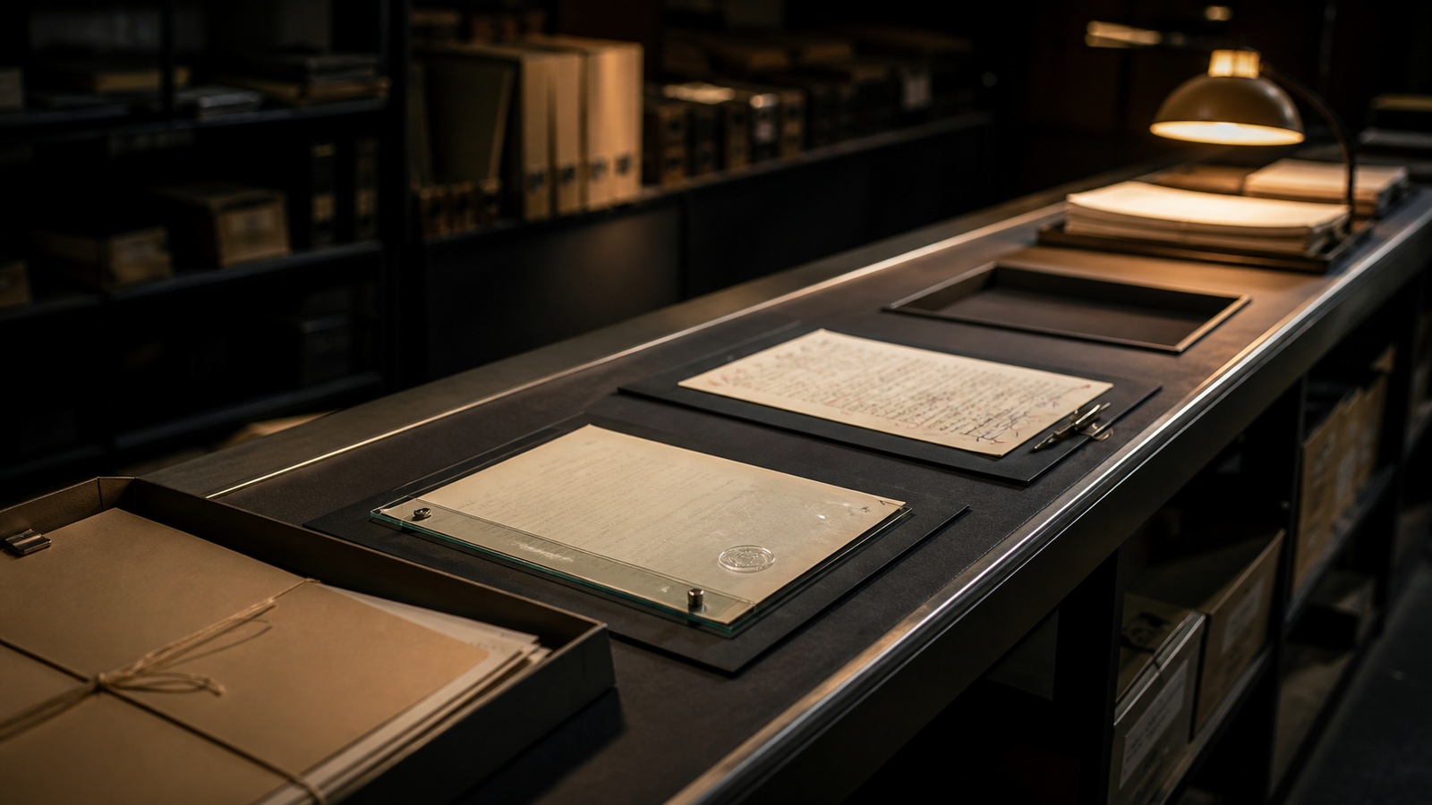 A document passes through provenance and editorial review checkpoints in a dim archive, with one gap in the chain.